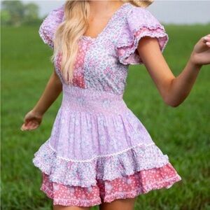 LoveShackFancy Stanton Mini Dress in Patchwork Floral Print size XS